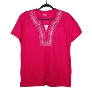 Brunswick Square Womens Ribbed Tee Size L Hot Pink Short Sleeve Embroidered Top